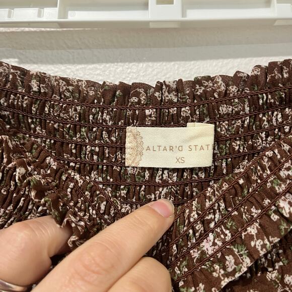 Altar’d State Brown Floral Ruffle Mini Skirt XS NWT Boho Cottagecore - Picture 4 of 8